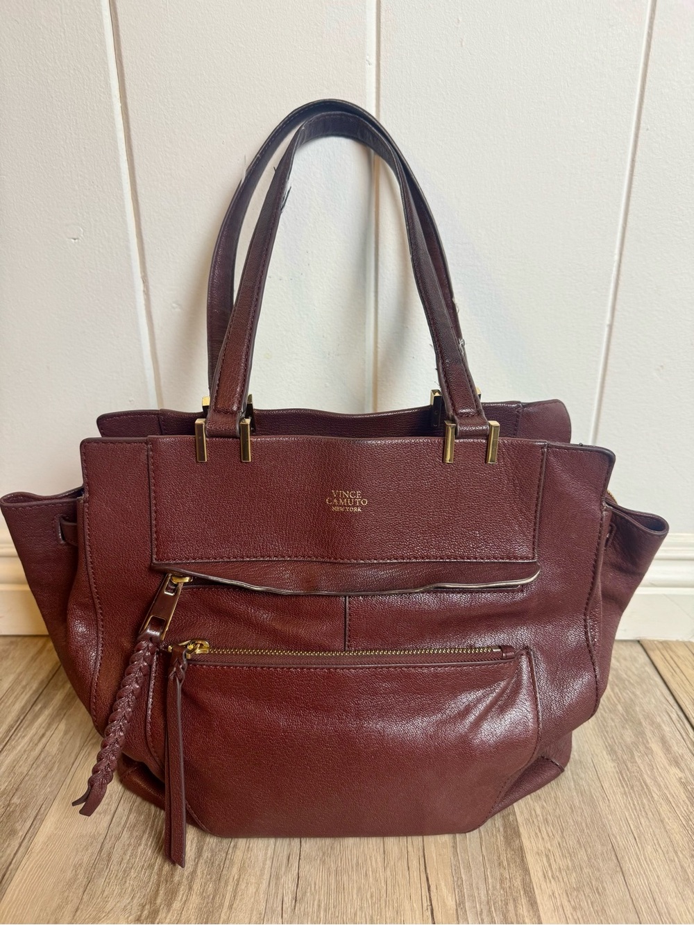 Vince Camuto Burgundy Pebbled Leather Tote Shoulder Bag Gold Hardware